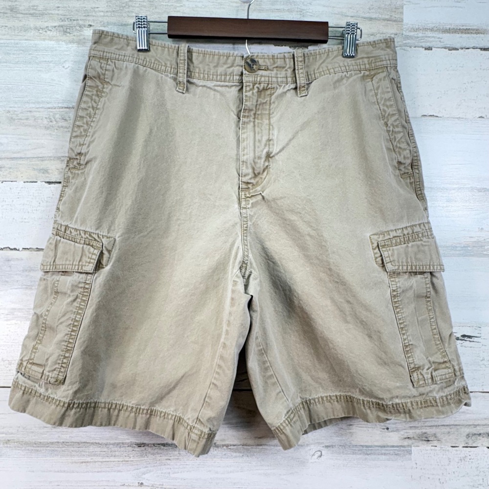 Eddie Bauer Khaki Tan Cotton Canvas Cargo Shorts Size 35 Utility Hiking 10" ins